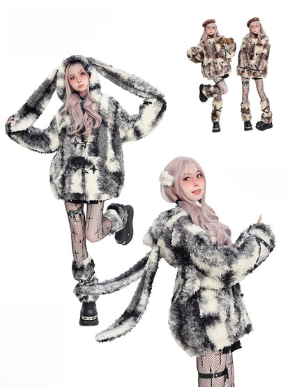 Faux Rabbit Fur Hooded Coat with Leg Warmers