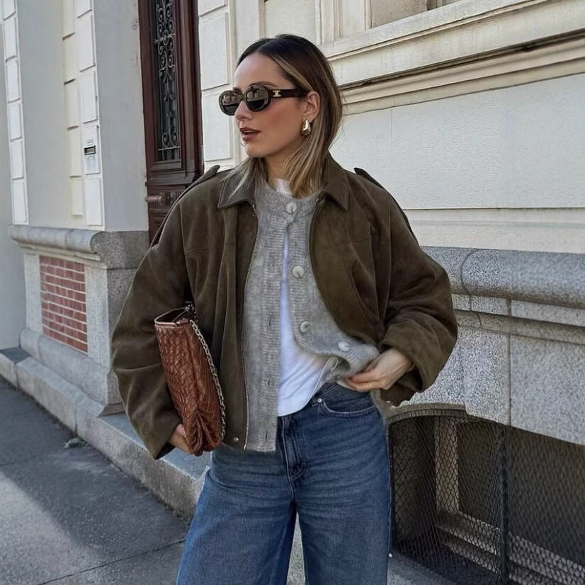 Faux Suede Bomber Jacket