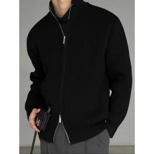 Men’s Cardigan Sweater with Stand Collar and Zipper Jacket