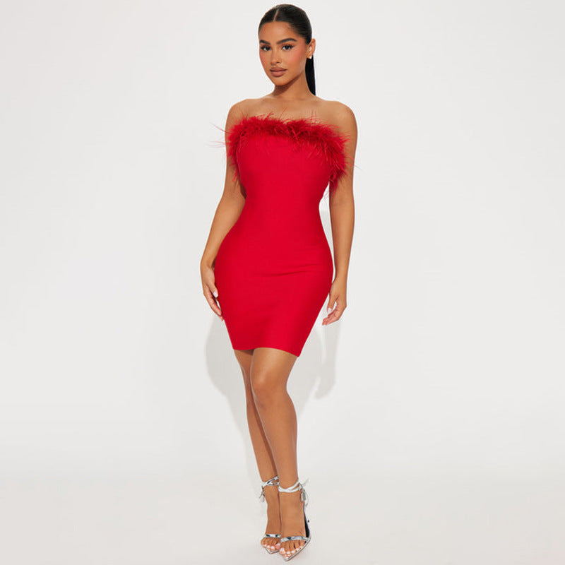Feather Tube Top Slim Fit Dress