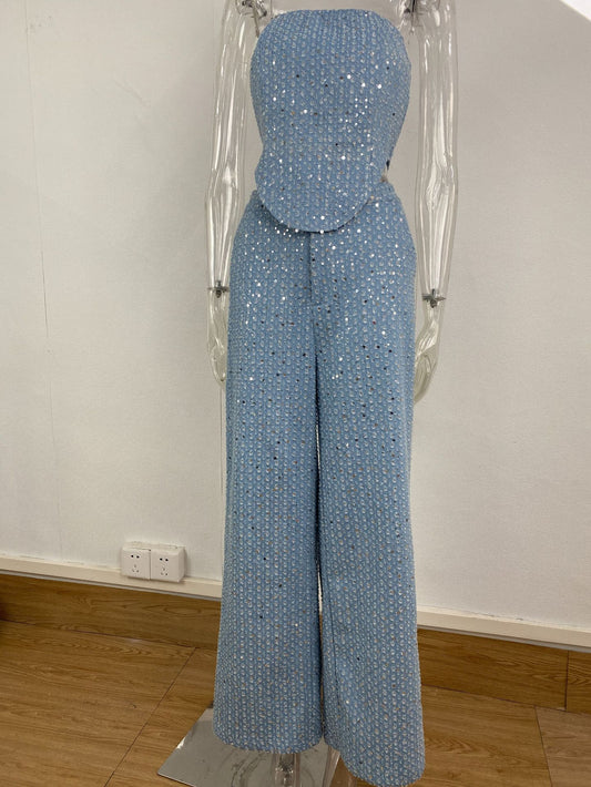 Feminine denim sequined slimming strapless wide-leg pants