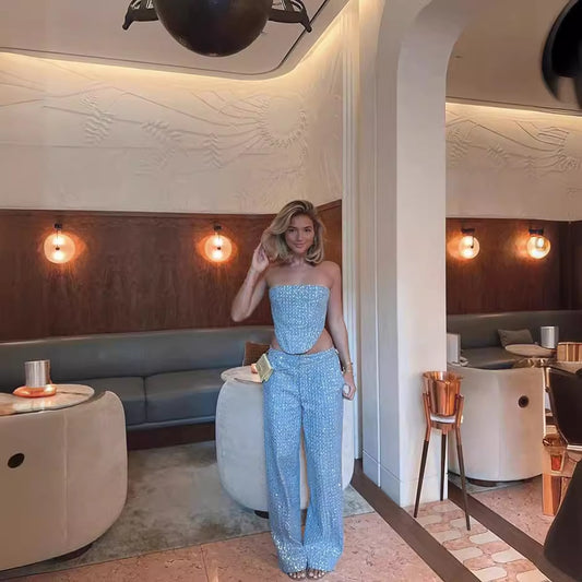 Feminine denim sequined slimming strapless wide-leg pants