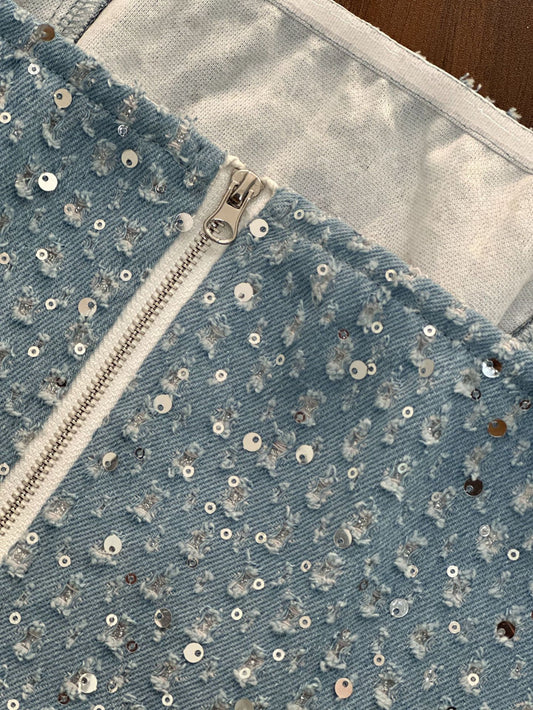 Feminine denim sequined slimming strapless wide-leg pants