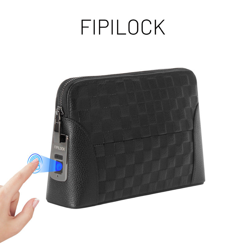 Fingerprint Lock Genuine Leather Clutch Bag