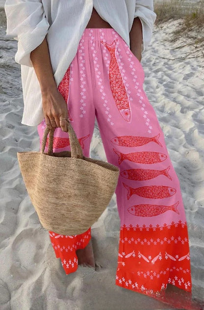 Fish Print Casual Wide Leg Pants