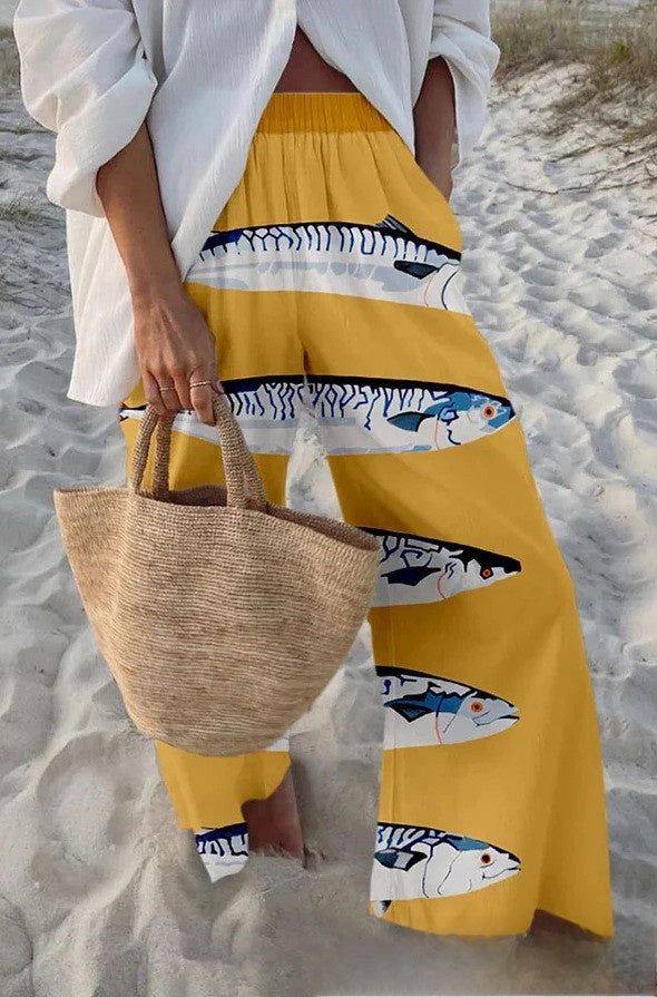 Fish Print Casual Wide Leg Pants