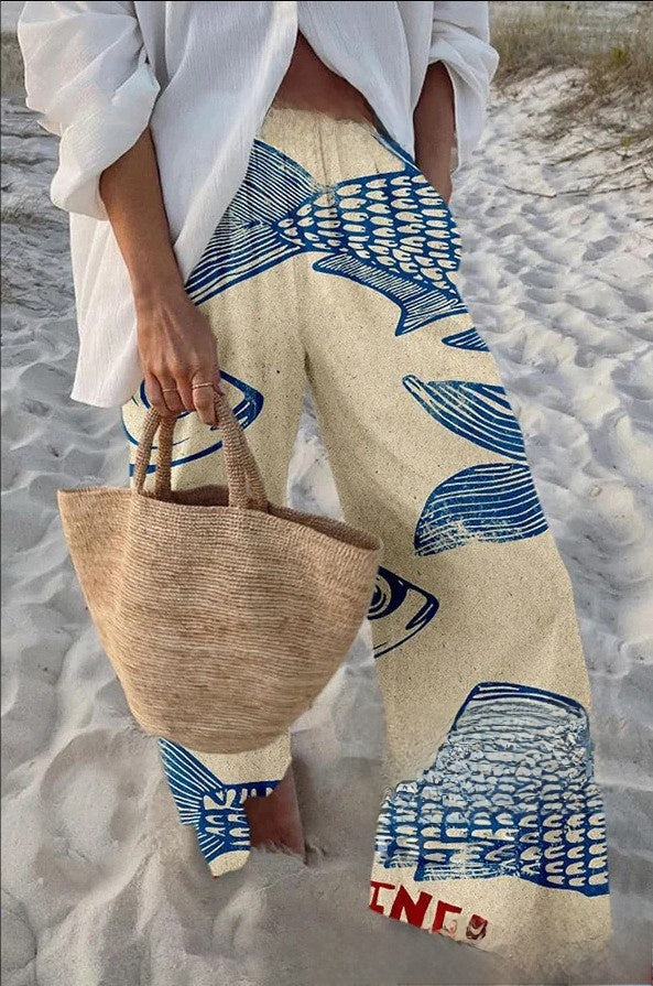 Fish Print Casual Wide Leg Pants