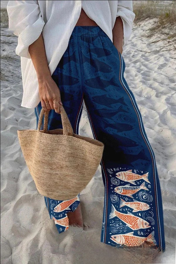 Fish Print Casual Wide Leg Pants