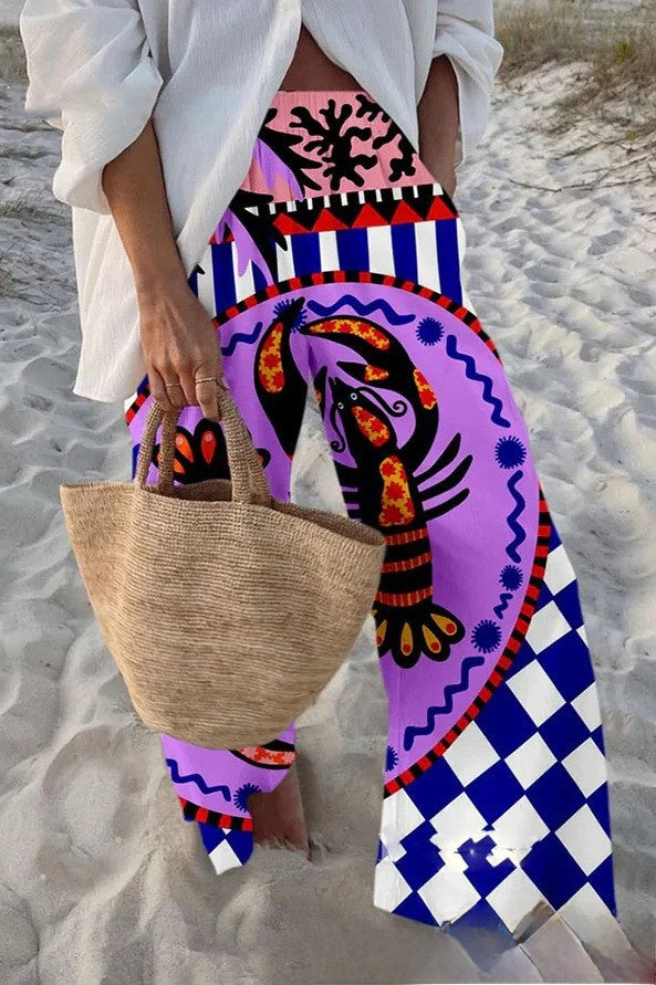 Fish Print Casual Wide Leg Pants