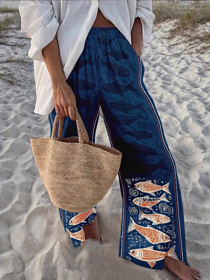 Fish Print Casual Wide Leg Pants