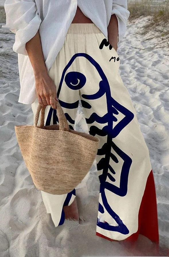 Fish Print Casual Wide Leg Pants