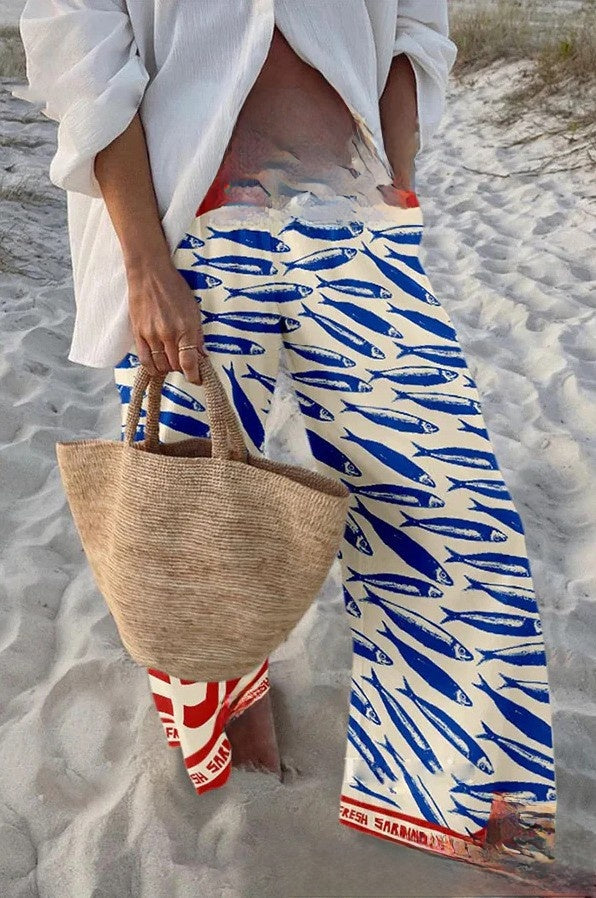 Fish Print Casual Wide Leg Pants