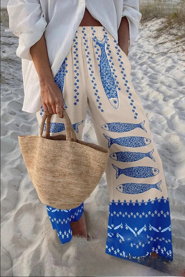 Fish Print Casual Wide Leg Pants