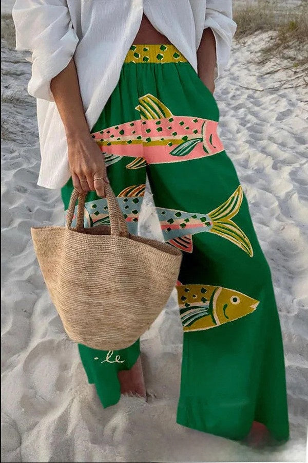 Fish Print Casual Wide Leg Pants