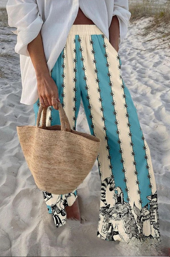 Fish Print Casual Wide Leg Pants