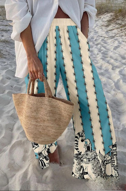 Fish Print Casual Wide Leg Pants