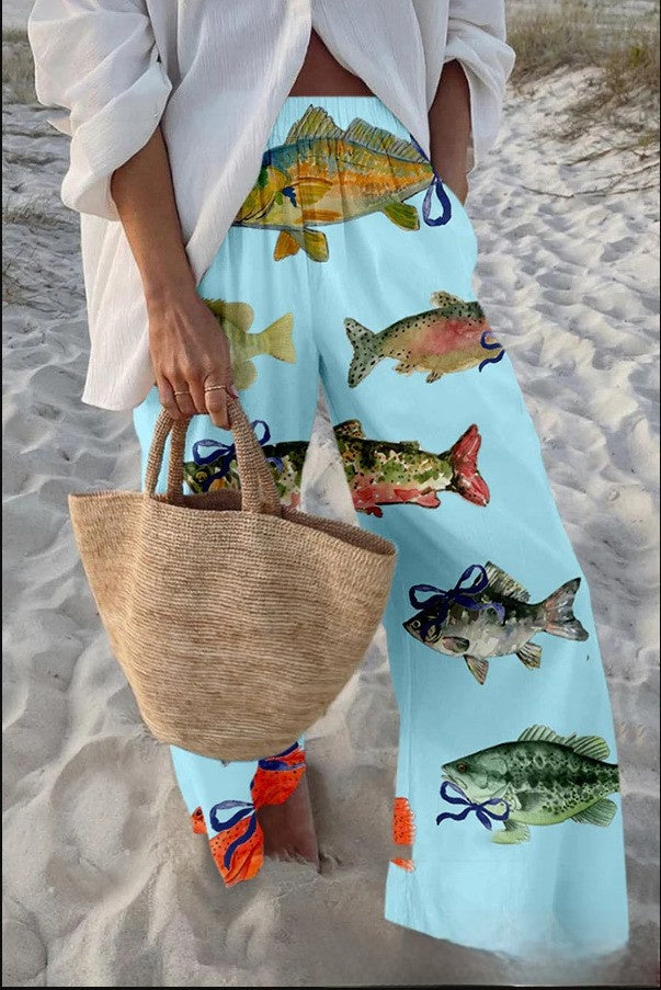 Fish Print Casual Wide Leg Pants