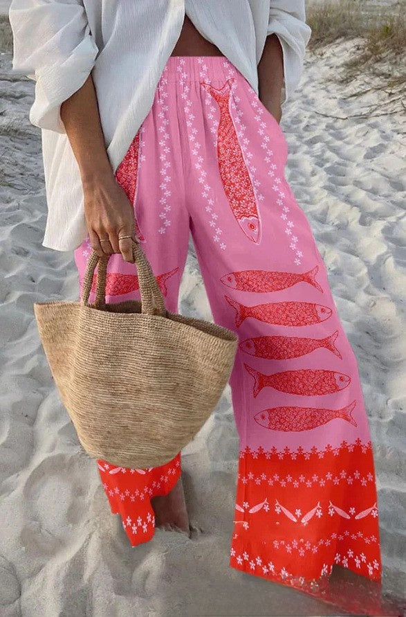 Fish Print Casual Wide Leg Pants