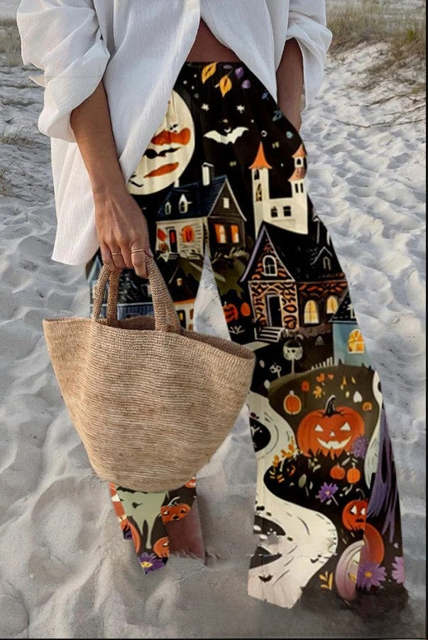 Fish Print Casual Wide Leg Pants