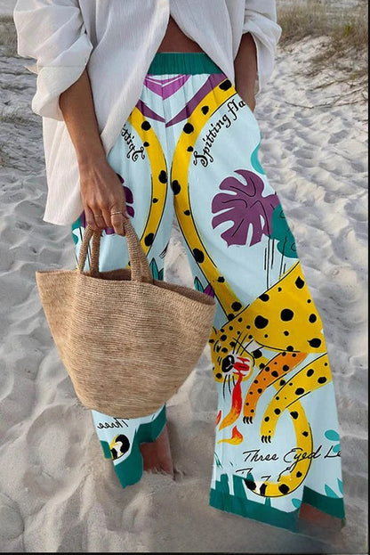 Fish Print Casual Wide Leg Pants