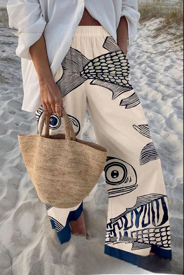 Fish Print Casual Wide Leg Pants