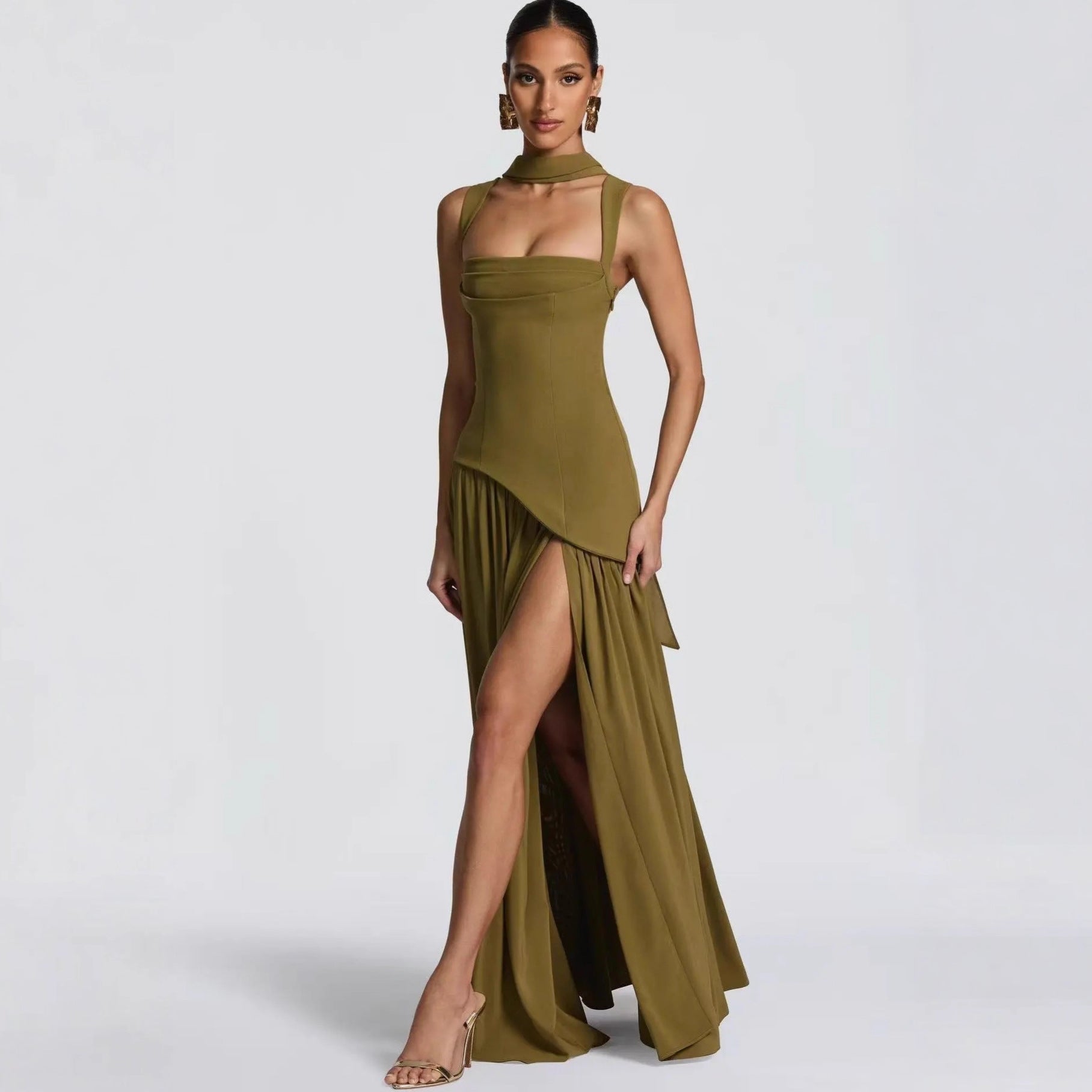 Fitted-waist pleated maxi dress