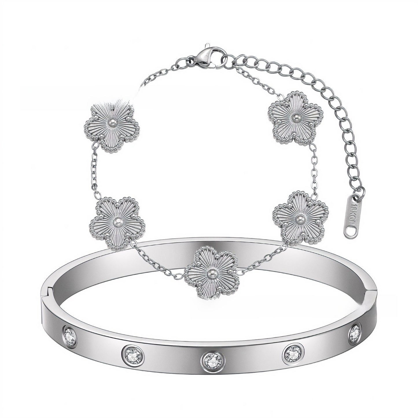 Five-Leaf Flower Titanium Steel Bracelet with Oval Diamond Accents
