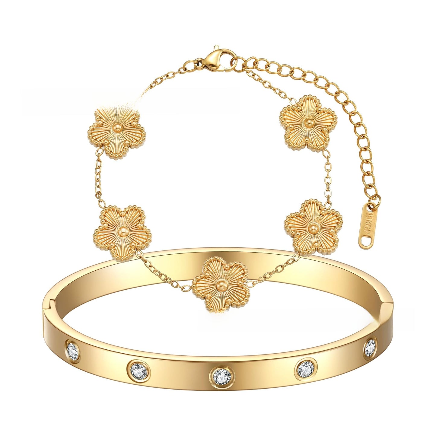 Five-Leaf Flower Titanium Steel Bracelet with Oval Diamond Accents