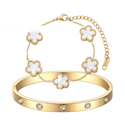 Five-Leaf Flower Titanium Steel Bracelet with Oval Diamond Accents