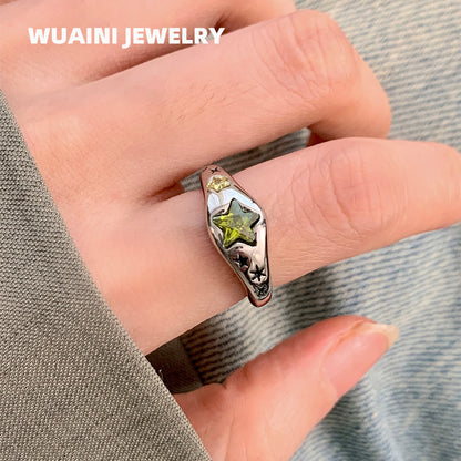 Five-Pointed Star Emerald Zircon Titanium Steel Ring