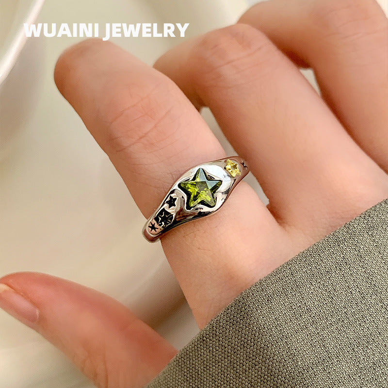 Five-Pointed Star Emerald Zircon Titanium Steel Ring