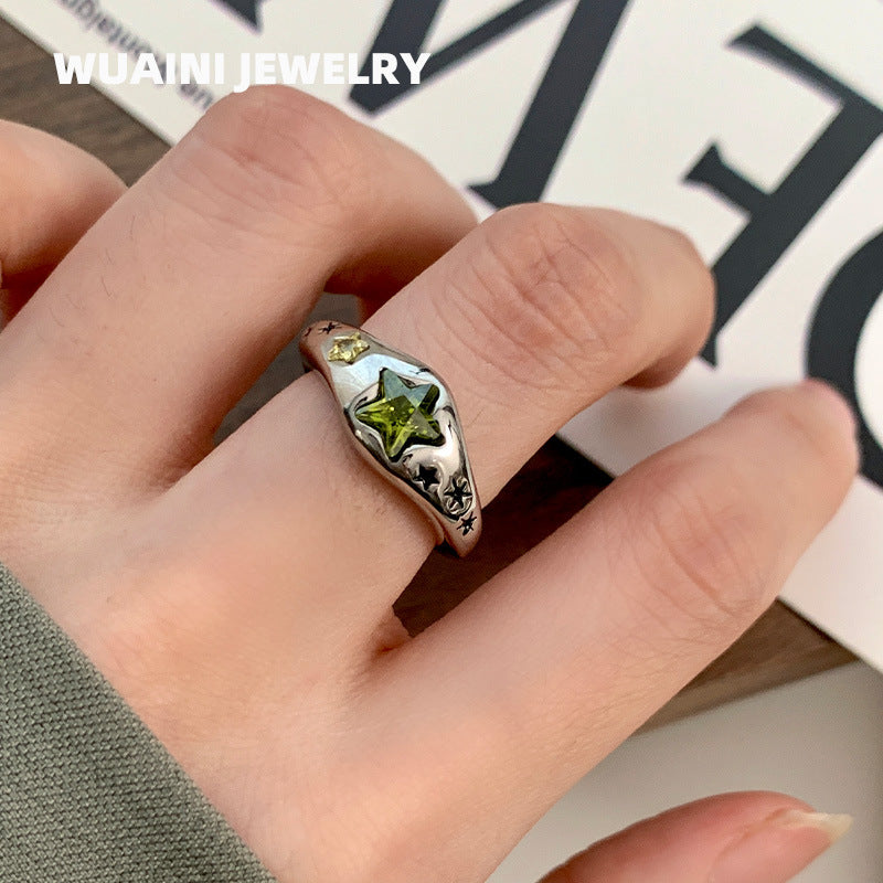 Five-Pointed Star Emerald Zircon Titanium Steel Ring
