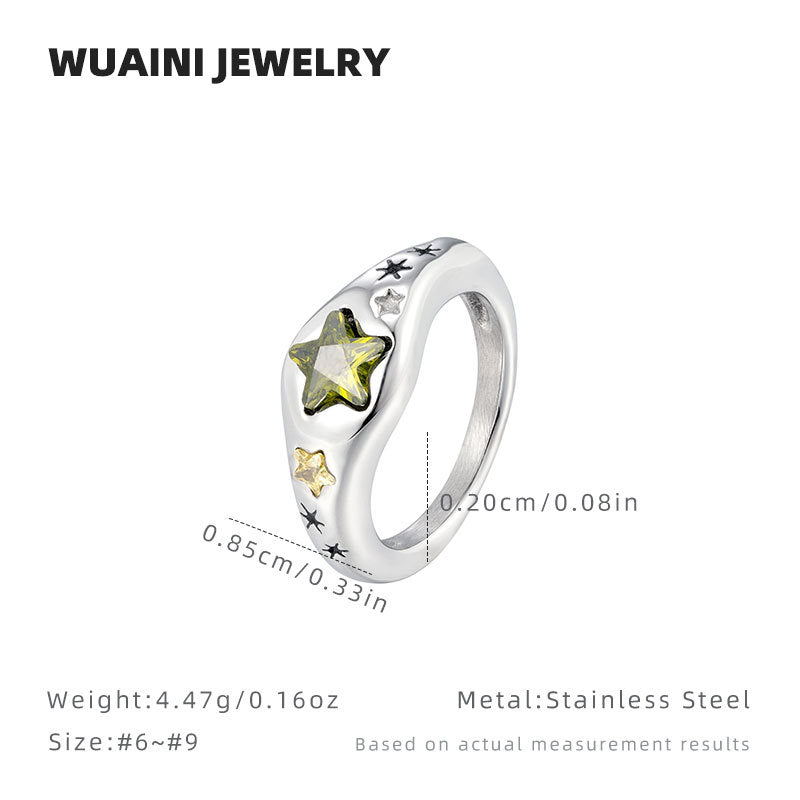Five-Pointed Star Emerald Zircon Titanium Steel Ring