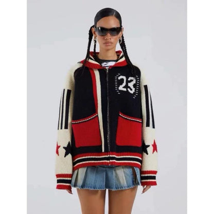 Five-pointed star jacquard sweater cardigan for women
