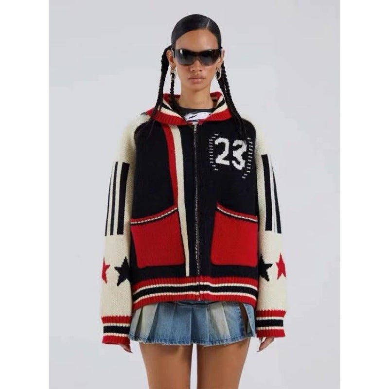 Five-pointed star jacquard sweater cardigan for women