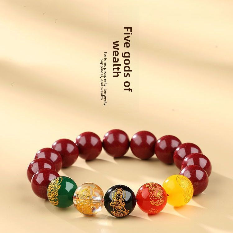Five-Way Fortune God Cinnabar Bracelet with Beads