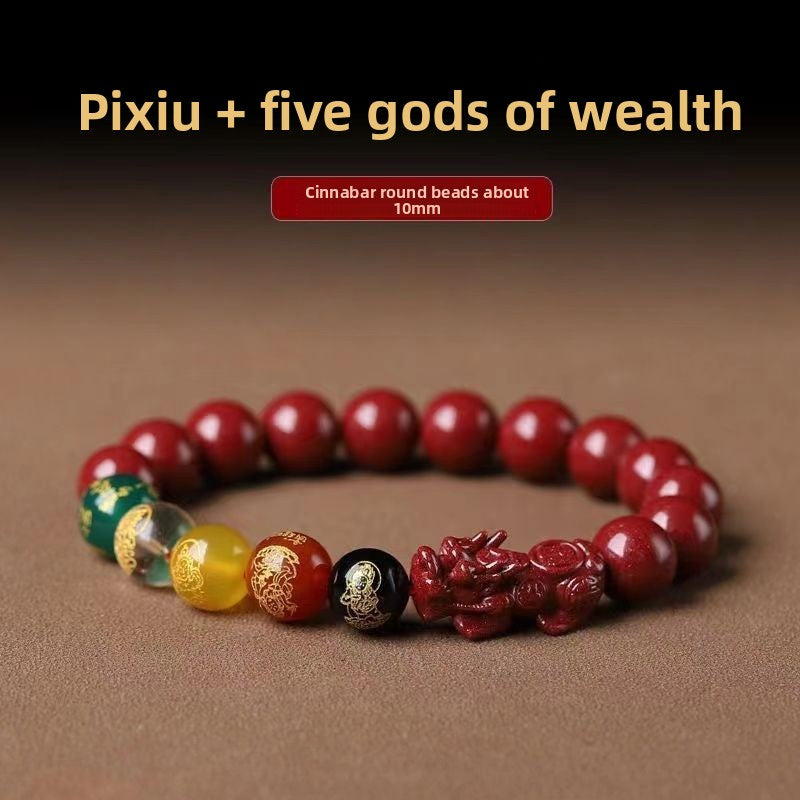 Five-Way Fortune God Cinnabar Bracelet with Beads