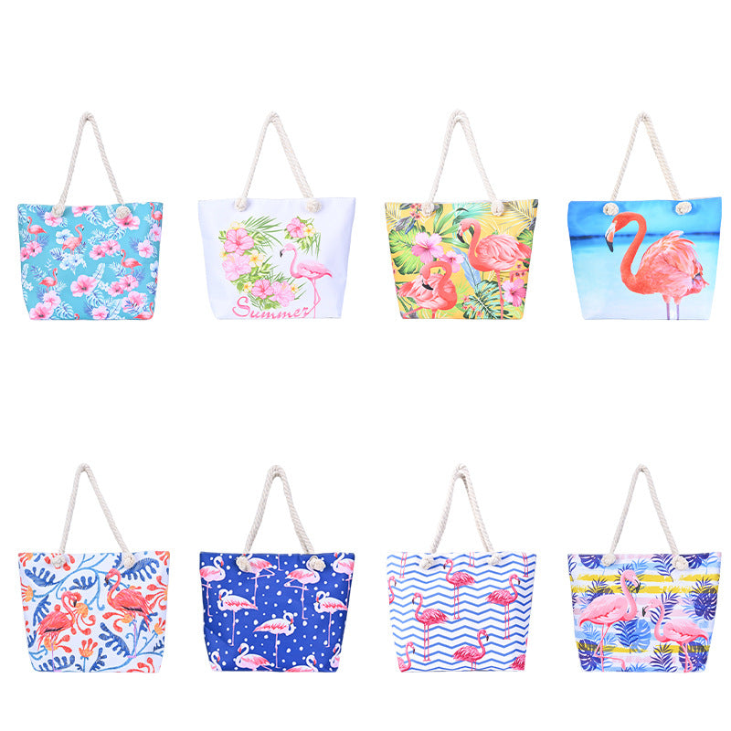 Flamingo Print Canvas Beach Tote Bag
