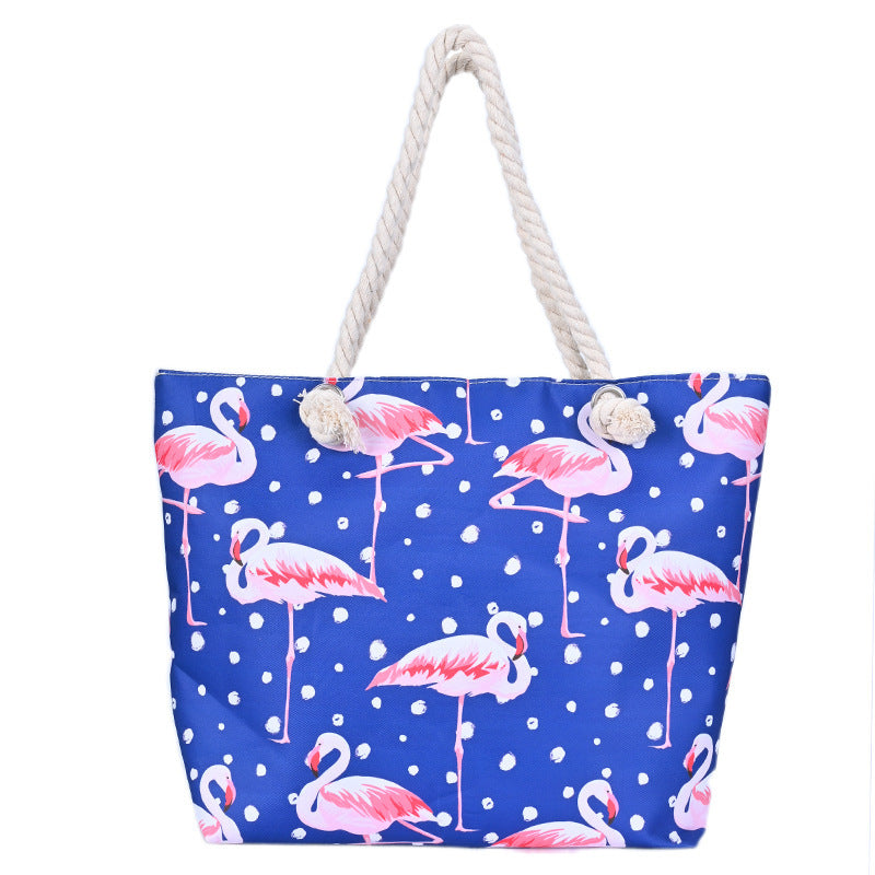 Flamingo Print Canvas Beach Tote Bag