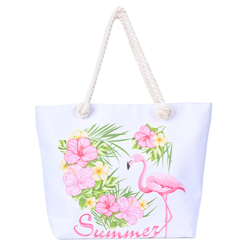 Flamingo Print Canvas Beach Tote Bag