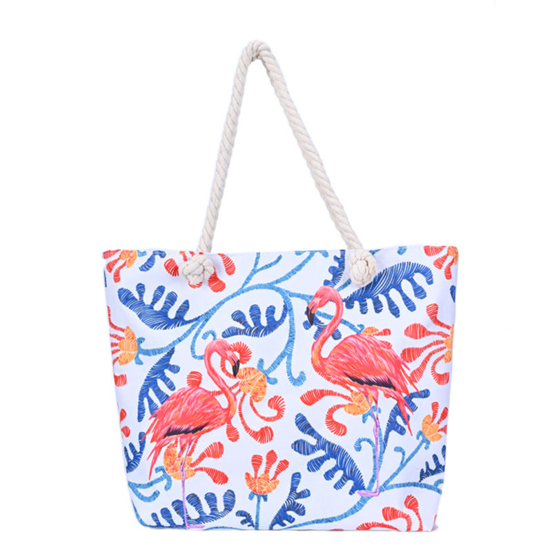 Flamingo Print Canvas Beach Tote Bag
