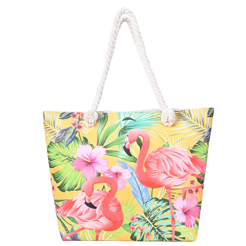 Flamingo Print Canvas Beach Tote Bag