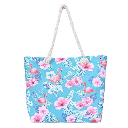Flamingo Print Canvas Beach Tote Bag