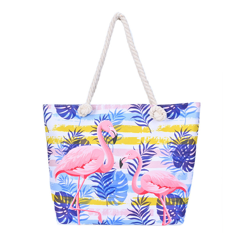 Flamingo Print Canvas Beach Tote Bag
