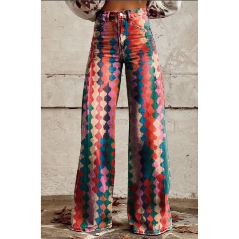 Flared Denim Print Pants