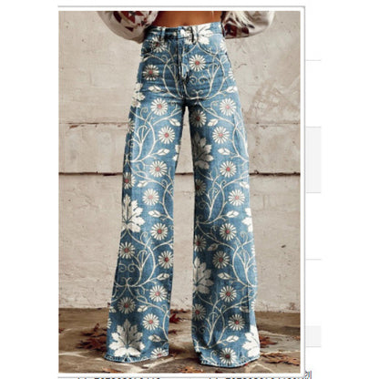 Flared Denim Print Pants