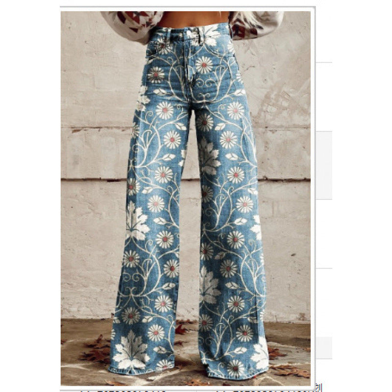 Flared Denim Print Pants