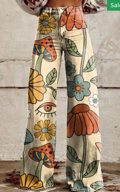 Flared Denim Print Pants