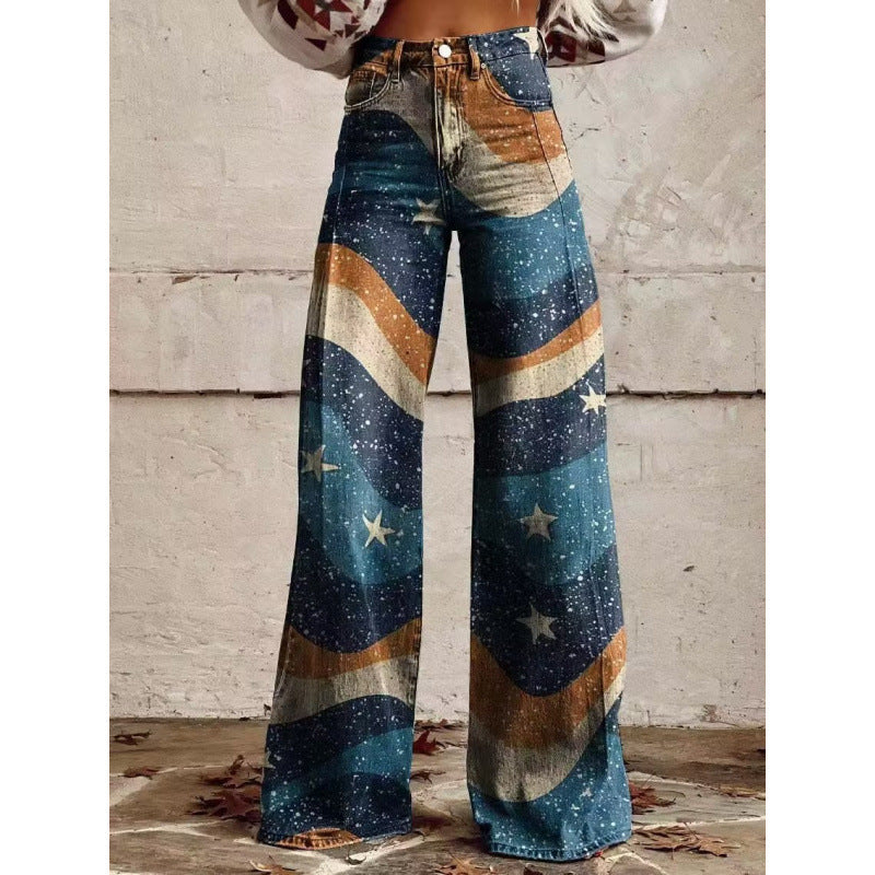 Flared Denim Print Pants