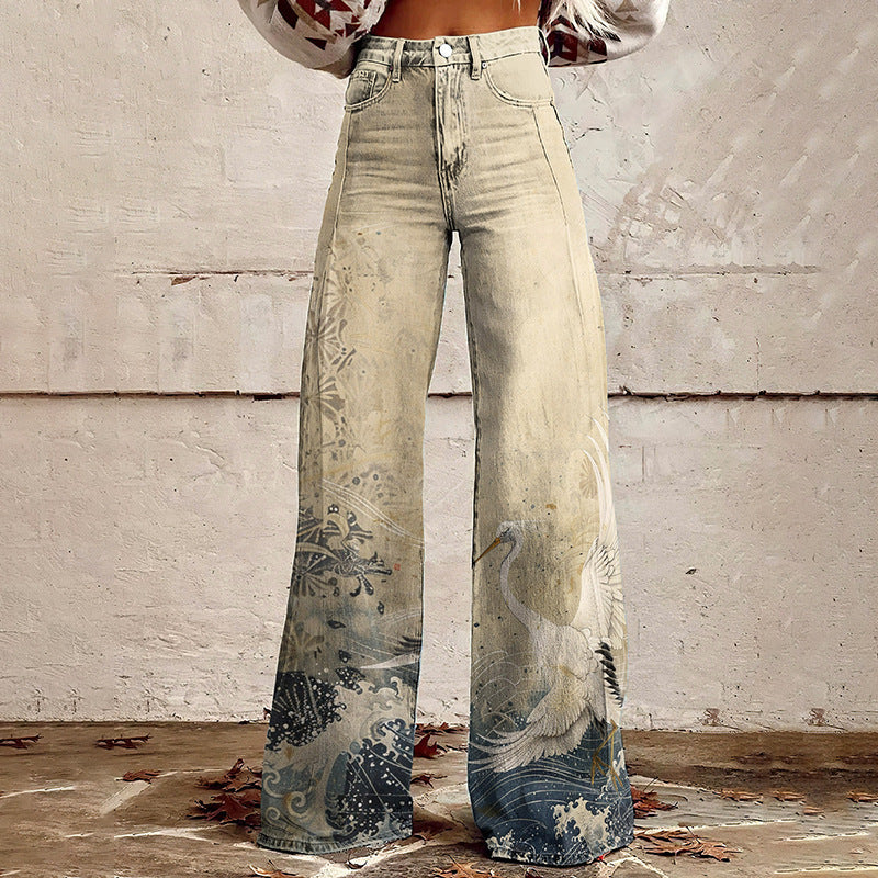 Flared Print Denim Pants